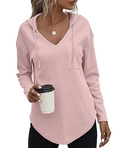 SENBATU Hoodie Damen Langarm Pullover V-Ausschnitt Kapuzenpullover Sweatshirt mit Kordelzug und Taschen Hellrosa Mittel von SENBATU
