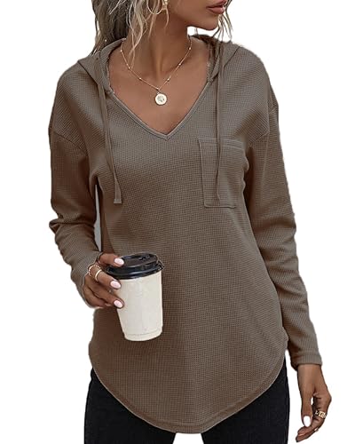 SENBATU Hoodie Damen Langarm Pullover V-Ausschnitt Kapuzenpullover Sweatshirt mit Kordelzug und Taschen Kaffee XX-Large von SENBATU