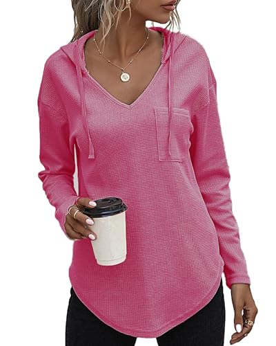 SENBATU Hoodie Damen Langarm Pullover V-Ausschnitt Kapuzenpullover Sweatshirt mit Kordelzug und Taschen Rosenrot Klein von SENBATU