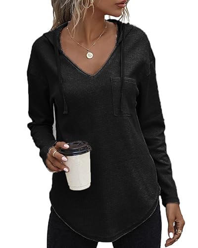SENBATU Hoodie Damen Langarm Pullover V-Ausschnitt Kapuzenpullover Sweatshirt mit Kordelzug und Taschen Schwarz Klein von SENBATU
