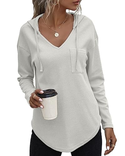SENBATU Hoodie Damen Langarm Pullover V-Ausschnitt Kapuzenpullover Sweatshirt mit Kordelzug und Taschen Weiß Klein von SENBATU