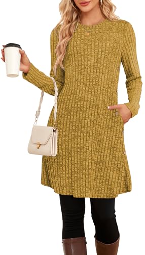 SENBATU Pulloverkleid Damen Langarm Winterkleid Damen Seitliche Knöpfe Kleider Damen mit Taschen(Einfarbig Gelb,Klein) von SENBATU