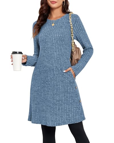 SENBATU Pulloverkleid Damen Langarm Winterkleid Damen Seitliche Knöpfe Kleider Damen mit Taschen Denim Blau XX-Large von SENBATU
