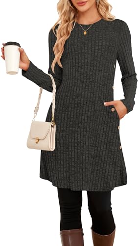 SENBATU Pullover-Kleider für Damen, Winter, langärmelig, Kausale Knöpfe, seitliches Tunika-Pullover-Kleid mit Taschen von SENBATU