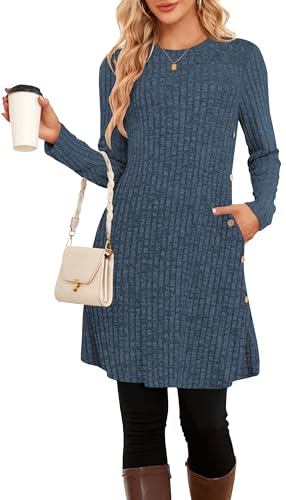 SENBATU Pulloverkleid Damen Langarm Winterkleid Damen Seitliche Knöpfe Kleider Damen mit Taschen Einfarbig Hellmarineblau Mittel von SENBATU