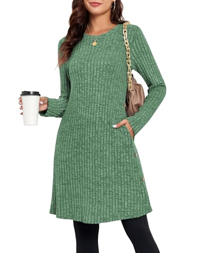SENBATU Pulloverkleid Damen Langarm Winterkleid Damen Seitliche Knöpfe Kleider Damen mit Taschen Grün Mittel von SENBATU