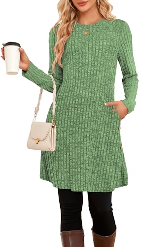 SENBATU Pulloverkleid Damen Langarm Winterkleid Damen Seitliche Knöpfe Kleider Damen mit Taschen Grün XX-Large von SENBATU