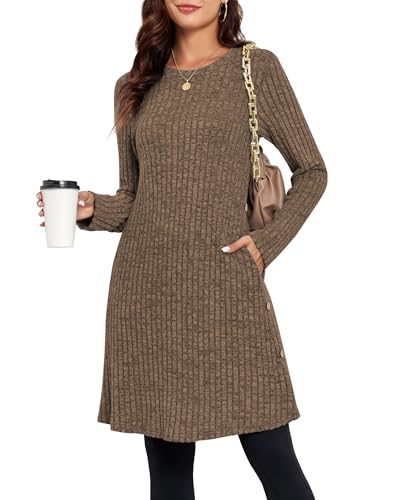SENBATU Pulloverkleid Damen Langarm Winterkleid Damen Seitliche Knöpfe Kleider Damen mit Taschen Kaffee XX-Large SENBATU Pulloverkleid Damen Langarm Winterkleid Damen Seitliche Knöpfe Kleider Damen mit Taschen Kaffee XX-Large von SENBATU
