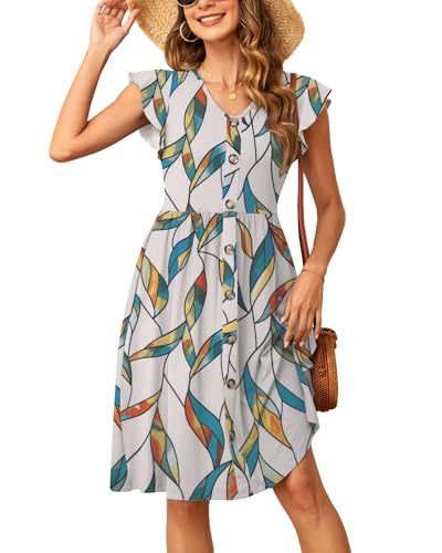 SENBATU Sommerkleider Damen Rüschen Ärmel V-Ausschnitt Strandkleid Plissee Midi Kleid mit Taschen Blumenmuster Bunte Blätter X-Large XL 46-48 von SENBATU