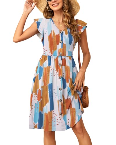 SENBATU Sommerkleider Damen Rüschen Ärmel V-Ausschnitt Strandkleid Plissee Midi Kleid mit Taschen Blumenmuster Farbblockdruck Mittel M 38-40 von SENBATU