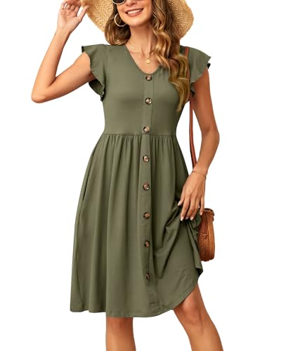 SENBATU Sommerkleider Damen Rüschen Ärmel V-Ausschnitt Strandkleid Plissee Midi Kleid mit Taschen Einfarbig Armee Grün XX-Large 2XL 50-52 von SENBATU