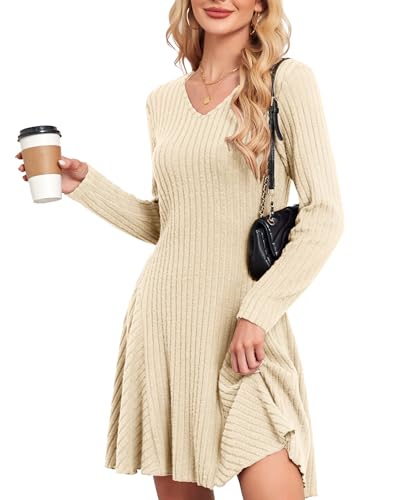 SENBATU Strickkleid Damen Herbst Elegant Pulloverkleid Langarm V-Ausschnitt Winterkleider Aprikose Klein von SENBATU