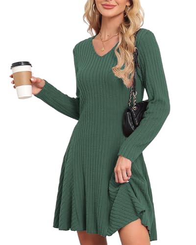 SENBATU Strickkleid Damen Herbst Elegant Pulloverkleid Langarm V-Ausschnitt Winterkleider Armeegrün XX-Large von SENBATU