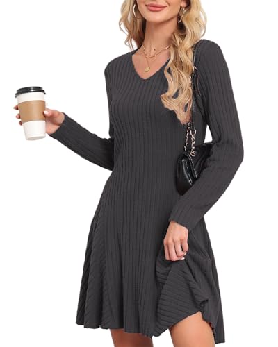 SENBATU Strickkleid Damen Herbst Elegant Pulloverkleid Langarm V-Ausschnitt Winterkleider Dunkelgrau XX-Large von SENBATU