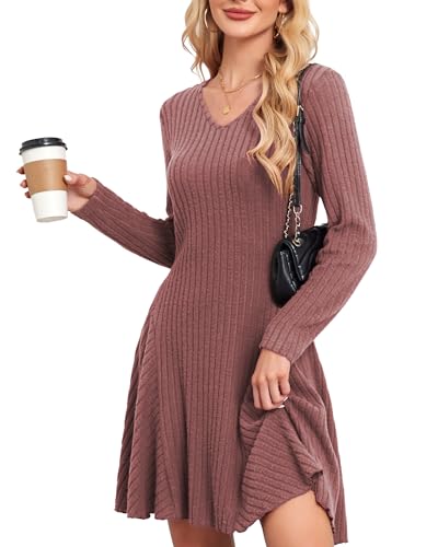 SENBATU Strickkleid Damen Herbst Elegant Pulloverkleid Langarm V-Ausschnitt Winterkleider Dunkelrosa Groß von SENBATU