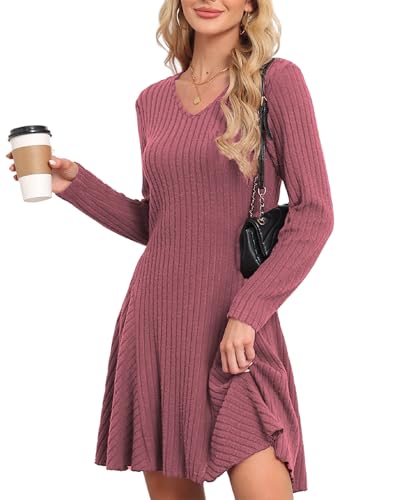 SENBATU Strickkleid Damen Herbst Elegant Pulloverkleid Langarm V-Ausschnitt Winterkleider Dunkelrosa XX-Large von SENBATU