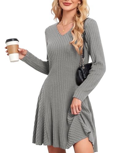 SENBATU Strickkleid Damen Herbst Elegant Pulloverkleid Langarm V-Ausschnitt Winterkleider Hellgrau Mittel von SENBATU