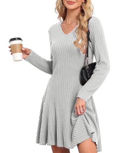SENBATU Strickkleid Damen Herbst Elegant Pulloverkleid Langarm V-Ausschnitt Winterkleider Hellgrau XX-Large von SENBATU