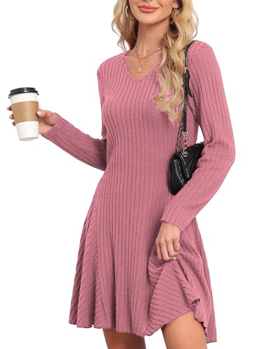 SENBATU Strickkleid Damen Herbst Elegant Pulloverkleid Langarm V-Ausschnitt Winterkleider Hellrosa Groß von SENBATU
