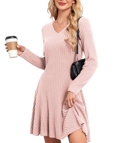 SENBATU Strickkleid Damen Herbst Elegant Pulloverkleid Langarm V-Ausschnitt Winterkleider Hellrosa Mittel von SENBATU