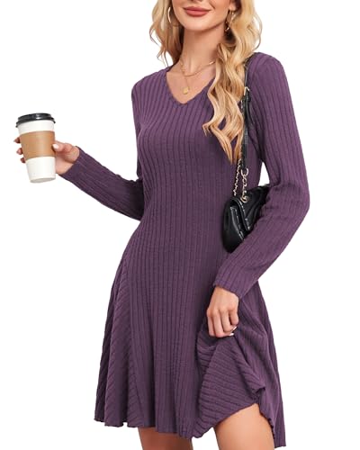 SENBATU Strickkleid Damen Herbst Elegant Pulloverkleid Langarm V-Ausschnitt Winterkleider Lila Klein von SENBATU