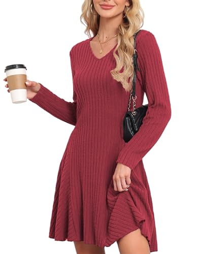 SENBATU Strickkleid Damen Herbst Elegant Pulloverkleid Langarm V-Ausschnitt Winterkleider Rot XX-Large von SENBATU