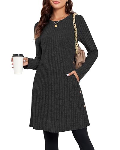 SENBATU Strickkleid Damen Lässiger Rundhalsausschnitt Kleid Damen Gestricktes Midikleid mit Taschen Dunkelgrau X-Large von SENBATU