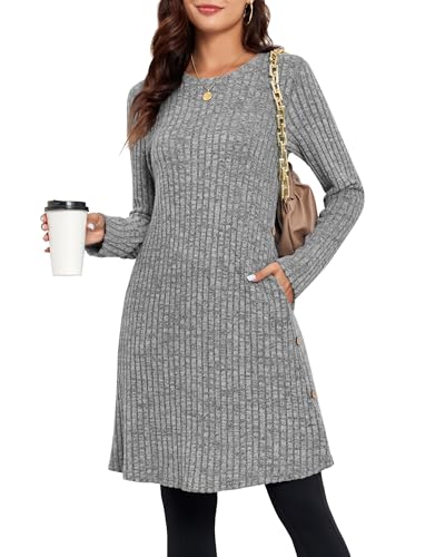 SENBATU Strickkleid Damen Lässiger Rundhalsausschnitt Kleid Damen Gestricktes Midikleid mit Taschen Hellgrau X-Large von SENBATU