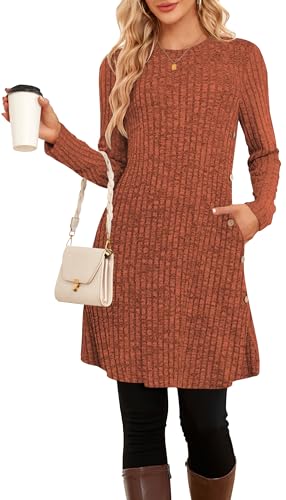 SENBATU Strickkleid Damen Lässiger Rundhalsausschnitt Kleid Damen Gestricktes Midikleid mit Taschen Karamell Klein von SENBATU