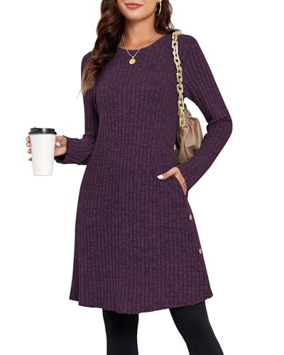 SENBATU Strickkleid Damen Lässiger Rundhalsausschnitt Kleid Damen Gestricktes Midikleid mit Taschen Lila X-Large von SENBATU