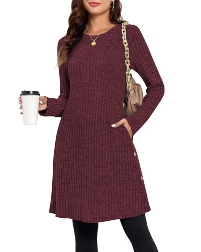 SENBATU Strickkleid Damen Lässiger Rundhalsausschnitt Kleid Damen Gestricktes Midikleid mit Taschen Rot X-Large von SENBATU