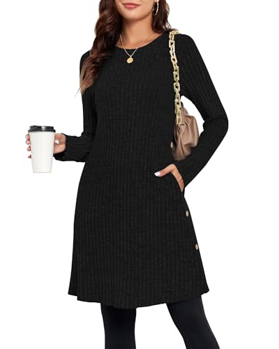 SENBATU Strickkleid Damen Lässiger Rundhalsausschnitt Kleid Damen Gestricktes Midikleid mit Taschen Schwarz X-Large von SENBATU