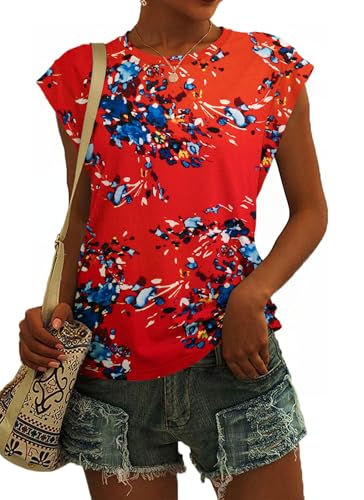 SENBATU T Shirt Damen Ärmellose Rundhals Tank Top Damen Sommer Lässiges Oberteile Blumenmuster Blaurot XX-Large 2XL 50-52 von SENBATU