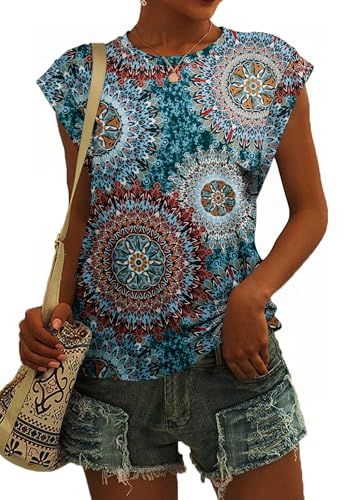 SENBATU T Shirt Damen Ärmellose Rundhals Tank Top Damen Sommer Lässiges Oberteile Blumenmuster Grün X-Large XL 46-48 von SENBATU
