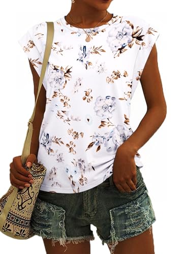 SENBATU T Shirt Damen Ärmellose Rundhals Tank Top Damen Sommer Lässiges Oberteile Blumenmuster Weiß Mittel M 38-40 von SENBATU