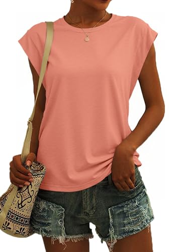 SENBATU T Shirt Damen Ärmellose Rundhals Tank Top Damen Sommer Lässiges Oberteile Einfarbig Korallen Rosa XX-Large 2XL 50-52 von SENBATU