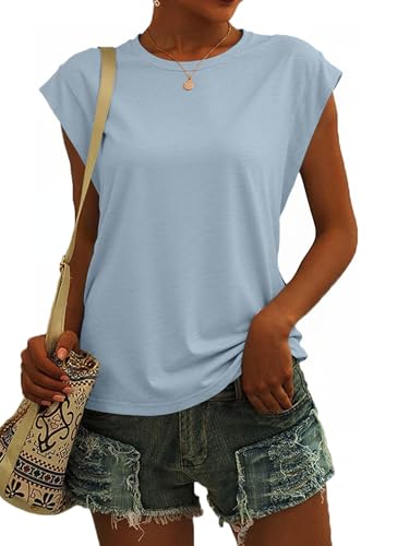 SENBATU T Shirt Damen Ärmellose Rundhals Tank Top Damen Sommer Lässiges Oberteile Einfarbig Himmel Blau X-Large XL 46-48 von SENBATU