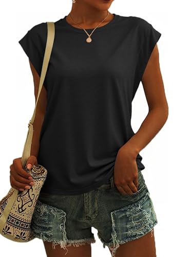 SENBATU T Shirt Damen Ärmellose Rundhals Tank Top Damen Sommer Lässiges Oberteile Einfarbig Schwarz Mittel M 38-40 von SENBATU