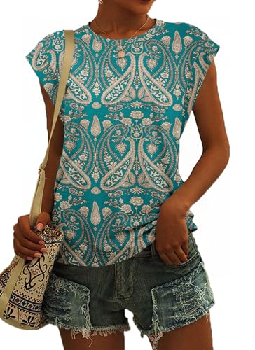 SENBATU T Shirt Damen Ärmellose Rundhals Tank Top Damen Sommer Lässiges Oberteile Paisley Boho Blumenmuster Grün X-Large XL 46-48 von SENBATU