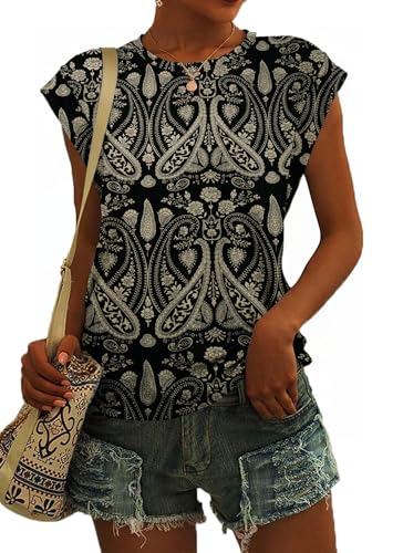 SENBATU T Shirt Damen Ärmellose Rundhals Tank Top Damen Sommer Lässiges Oberteile Paisley Boho Blumenmuster Schwarz Groß L 42-44 von SENBATU