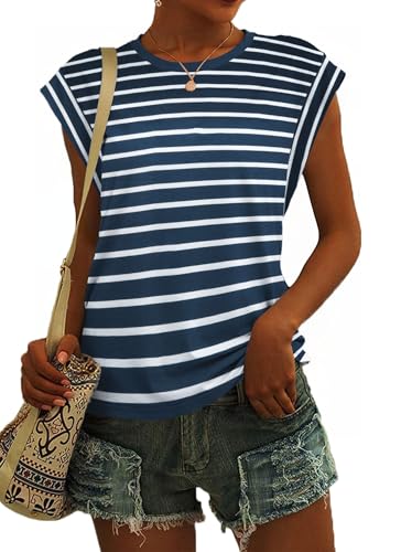 SENBATU T Shirt Damen Ärmellose Rundhals Tank Top Damen Sommer Lässiges Oberteile Streifen Blau Weiß Klein S 34-36 von SENBATU