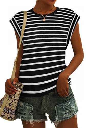SENBATU T Shirt Damen Ärmellose Rundhals Tank Top Damen Sommer Lässiges Oberteile Streifen Schwarz Weiß Groß L 42-44 von SENBATU