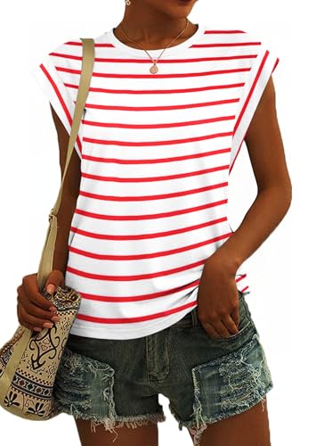 SENBATU T Shirt Damen Ärmellose Rundhals Tank Top Damen Sommer Lässiges Oberteile Streifen Weiß Rot Groß L 42-44 SENBATU T Shirt Damen Ärmellose Rundhals Tank Top Damen Sommer Lässiges Oberteile Streifen Weiß Rot Groß L 42-44 von SENBATU