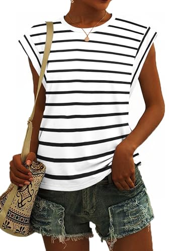 SENBATU T Shirt Damen Ärmellose Rundhals Tank Top Damen Sommer Lässiges Oberteile Streifen Weiß Schwarz Groß L 42-44 SENBATU T Shirt Damen Ärmellose Rundhals Tank Top Damen Sommer Lässiges Oberteile Streifen Weiß Schwarz Groß L 42-44 von SENBATU