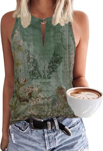 SENBATU Tank Top Damen Ärmellose Oberteile Damen Sommer Lässiges V-Ausschnitt Blusen Blumenmuster Grünrosa XXX-Large 3XL 54-56 von SENBATU