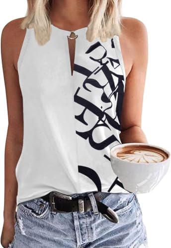 SENBATU Tank Top Damen Ärmellose Oberteile Damen Sommer Lässiges V-Ausschnitt Blusen Blumenmuster Weiß Buchstaben XXX-Large 3XL 54-56 von SENBATU