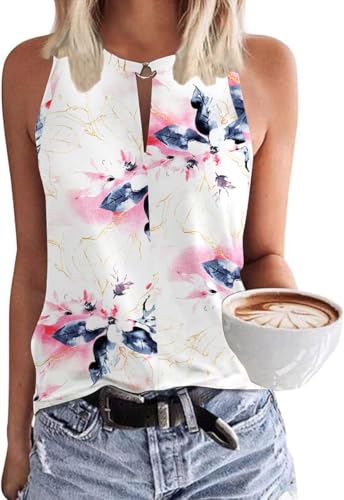 SENBATU Tank Top Damen Ärmellose Oberteile Damen Sommer Lässiges V-Ausschnitt Blusen Blumenmuster Weiß Rosa Blau XX-Large 2XL 50-52 von SENBATU