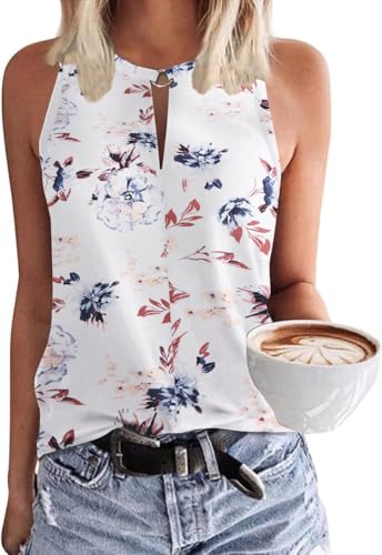 SENBATU Tank Top Damen Ärmellose Oberteile Damen Sommer Lässiges V-Ausschnitt Blusen Blumenmuster Weiß X-Large XL 46-48 von SENBATU
