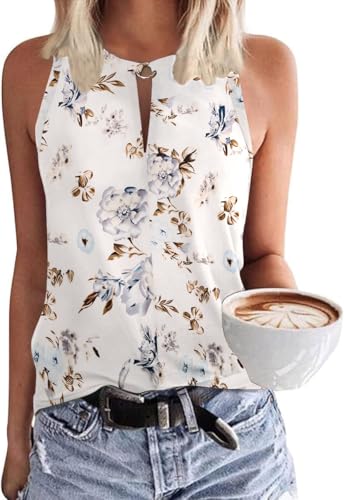 SENBATU Tank Top Damen Ärmellose Oberteile Damen Sommer Lässiges V-Ausschnitt Blusen Blumenmuster Weiß XX-Large 2XL 50-52 von SENBATU