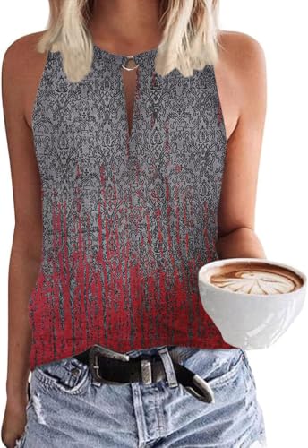SENBATU Tank Top Damen Ärmellose Oberteile Damen Sommer Lässiges V-Ausschnitt Blusen Farbverlauf Grau zu Rot Ombré X-Large XL 46-48 von SENBATU